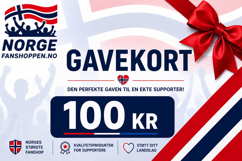 Fanshoppen Norge 100kr gift card with Norwegian flag design and red ribbon. Perfect gift for supporters.