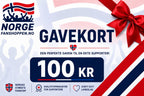 Fanshoppen Norge 100kr gift card with Norwegian flag design and red ribbon. Perfect gift for supporters.
