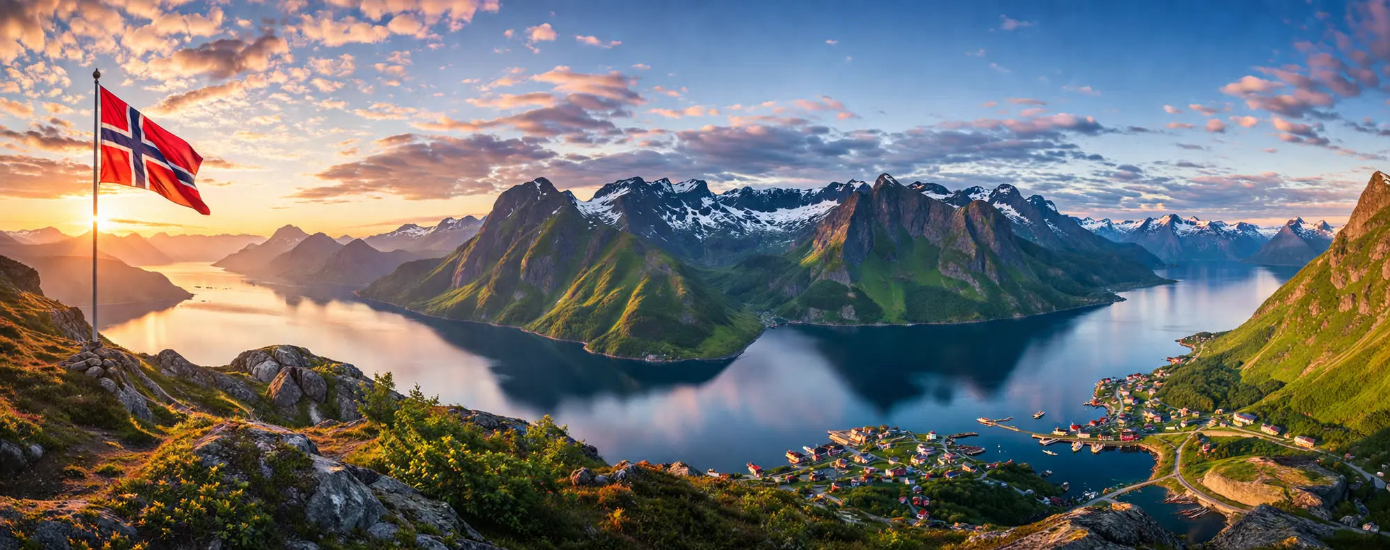Panoramautsikt over norsk fjordlandskap med vaiende norsk flagg ved soloppgang