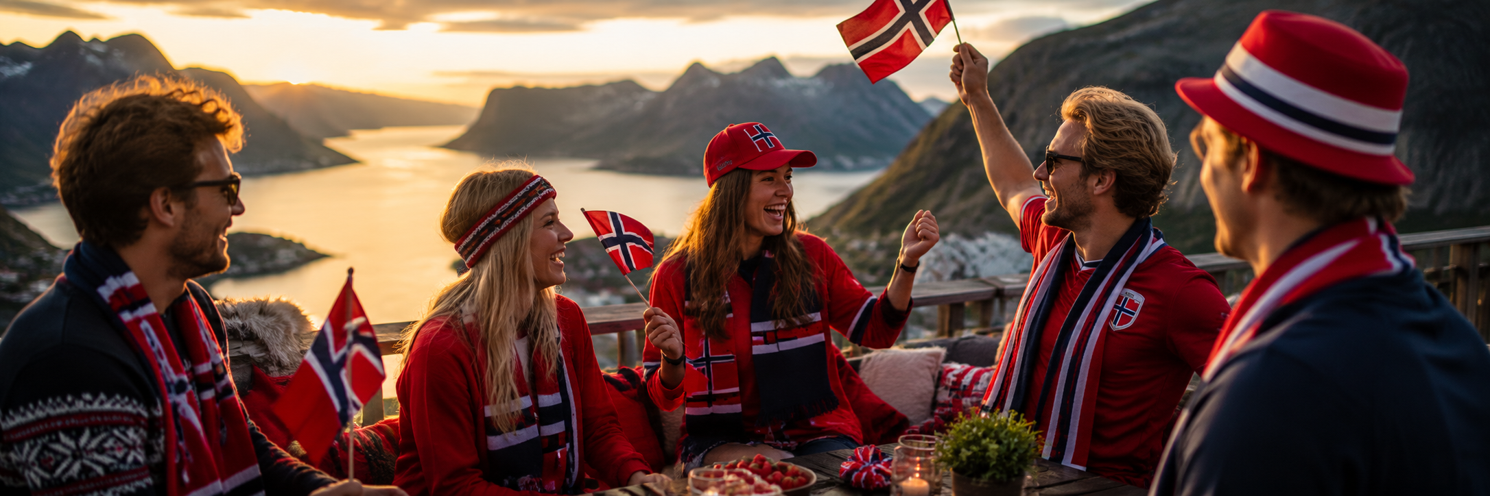 Norske fans i rødt, hvitt og blått med supporterutstyr, flagg og fanartikler fra Fanshoppen.no