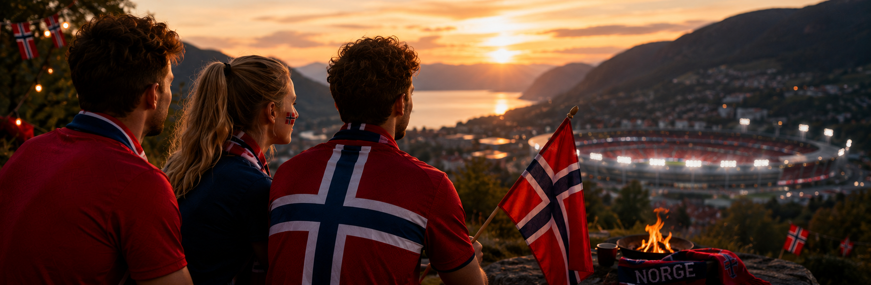 Utsikt mot stadion med bål, solnedgang og hyggelig stemning