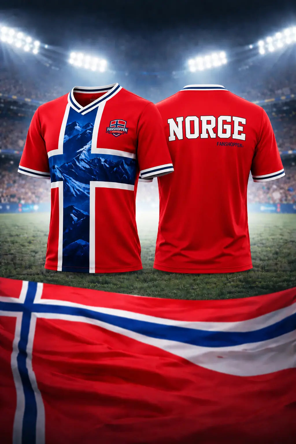 Norsk supportertrøye med flaggmotiv og fjell – for- og bakside med NORGE-trykk fra Fanshoppen.no