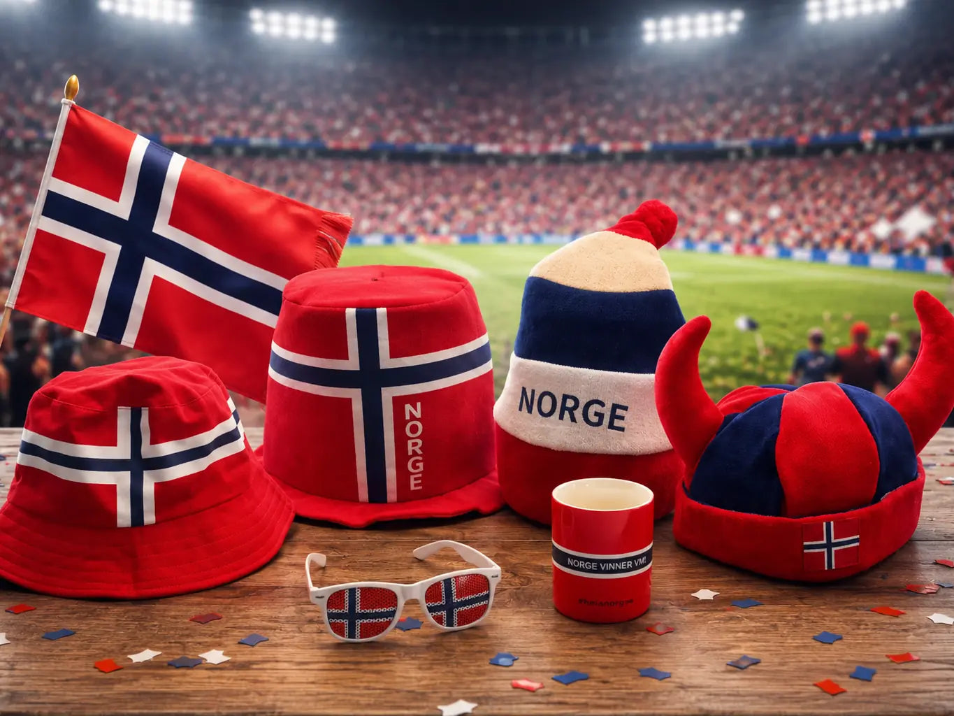 Norske supporterhatter, vikinglue, solbriller og kopp i rødt, hvitt og blått – fanutstyr til kampdag fra Fanshoppen.no