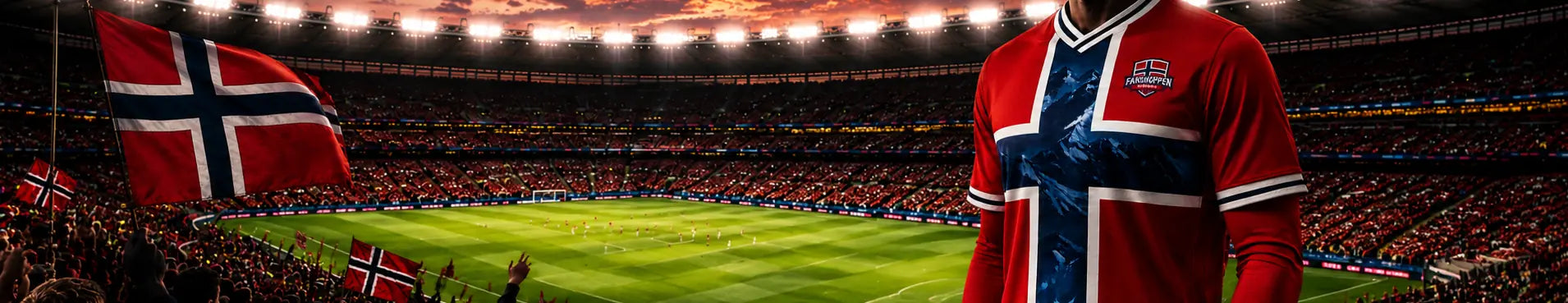 Offisiell supporterdrakt med norsk flagg på fotballstadion med jublende publikum – Fanshoppen.no