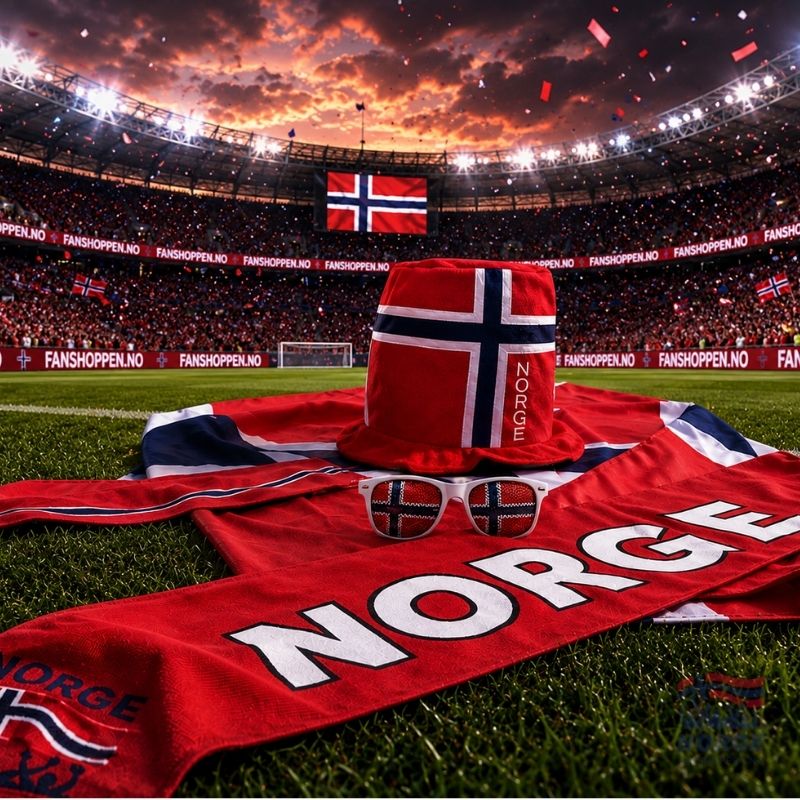 Norge Stadionpakke med Norgeskjerf, briller, flagg og bøttehatt - Supporterutstyr