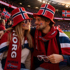 Norge Stadionpakke med Norgeskjerf, briller, flagg og bøttehatt - Supporterutstyr