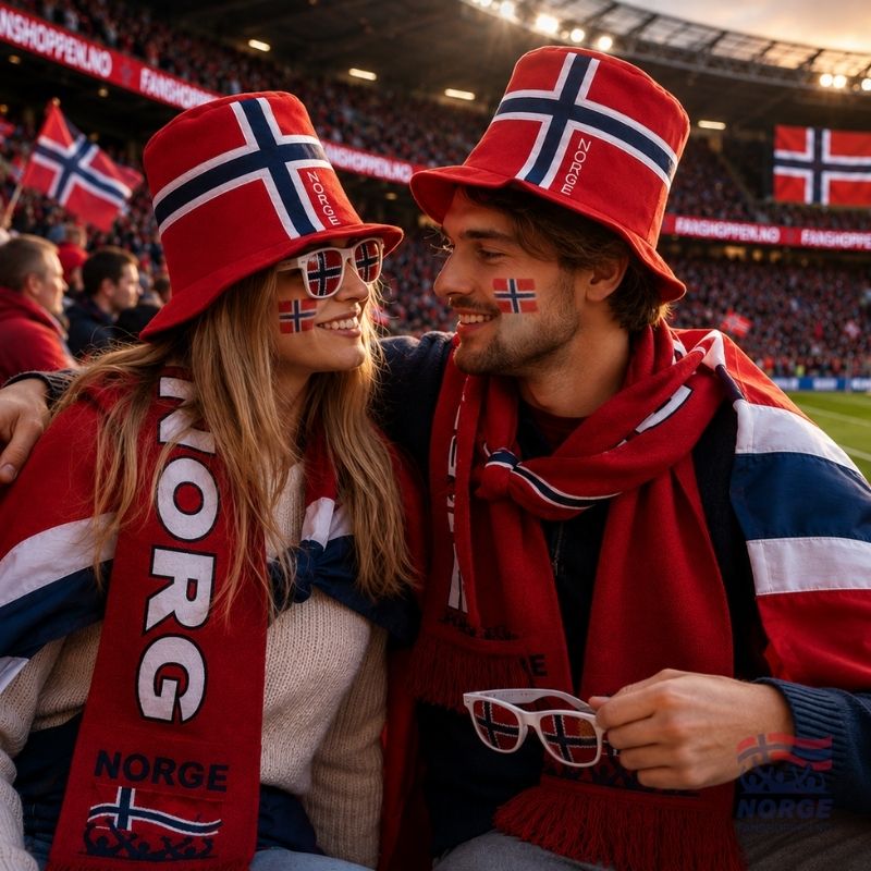 Norge Stadionpakke med Norgeskjerf, briller, flagg og bøttehatt - Supporterutstyr