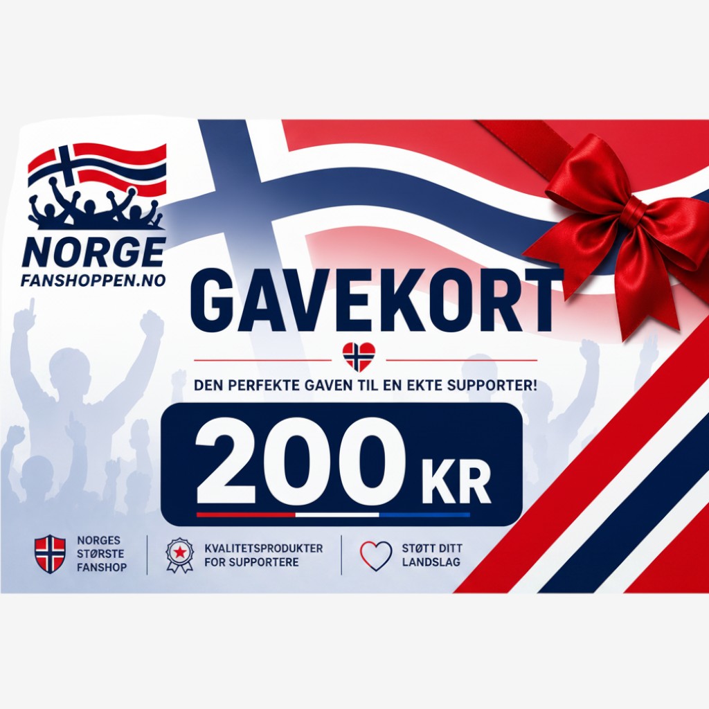 Fanshoppen Norge 200kr gift card for supporters, featuring Norwegian flag elements and cheering fans.