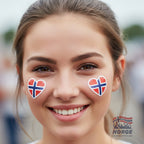 Fanshoppen Norge 8-pack body tattoos featuring Norwegian flag designs, hearts, map outline, and brush strokes in red, white, and blue.