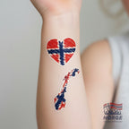 Fanshoppen Norge 8-pack body tattoos featuring Norwegian flags, hearts, and map outlines in red and blue.