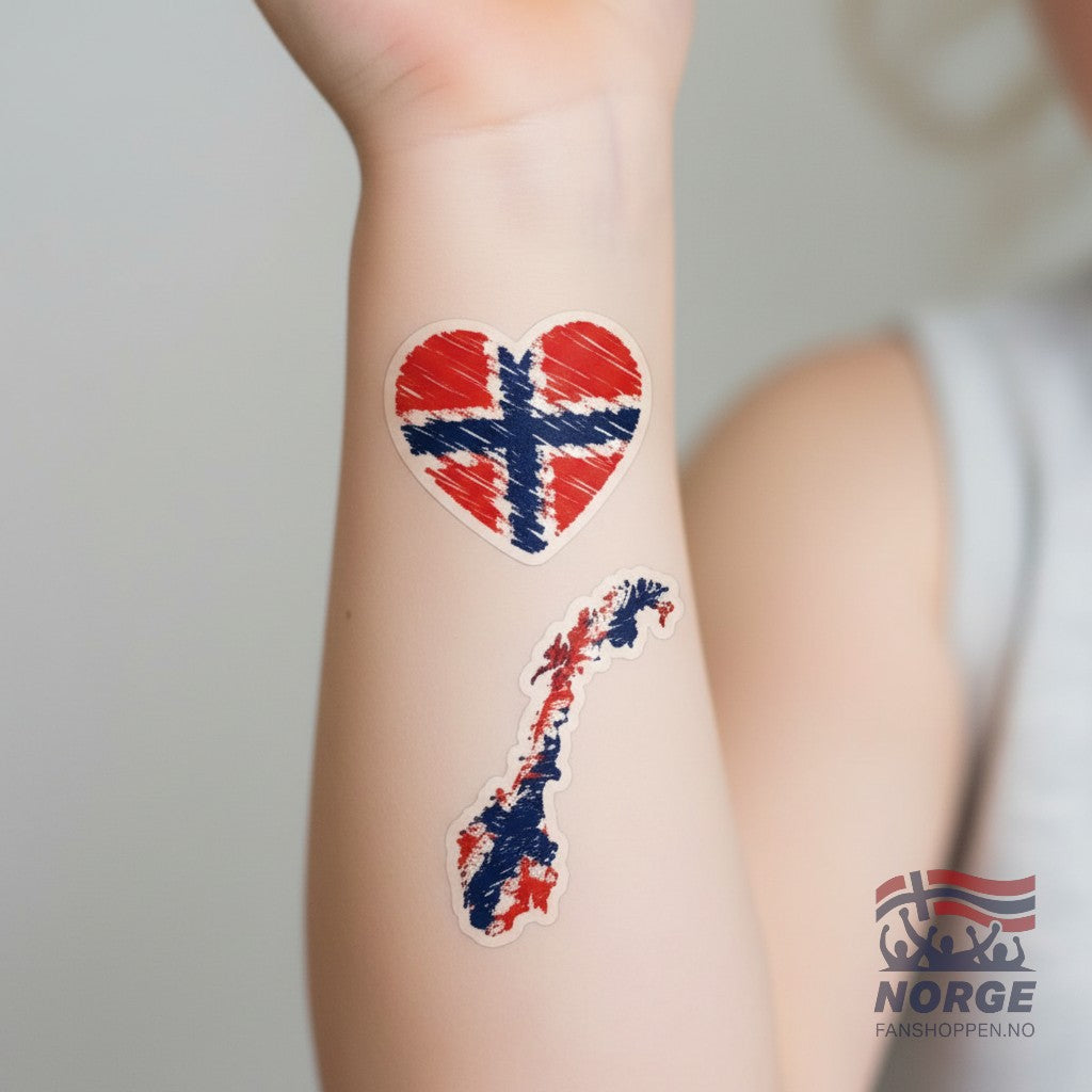 Fanshoppen Norge 8-pack body tattoos featuring Norwegian flags, hearts, and map outlines in red and blue.