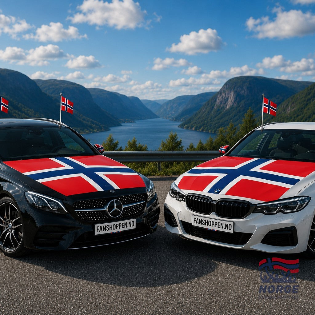 Fanshoppen Norge car accessory pack with Norwegian flags on hood, side mirrors, and roof. Black car driving on a scenic road.