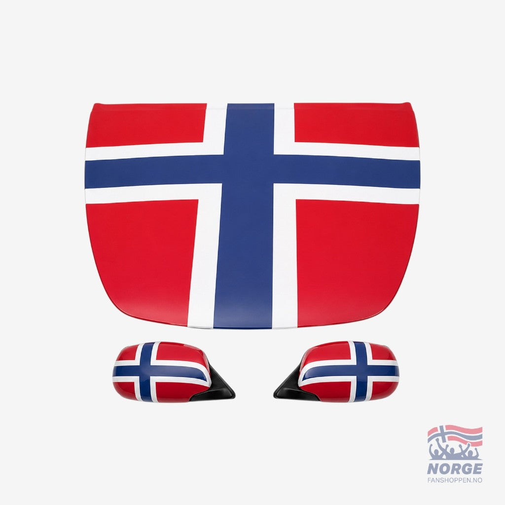 Fanshoppen Norge car flag set with Norwegian flag design on hood and side mirror. Grey car.