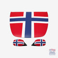 Fanshoppen Norge car flag set with Norwegian flag design on hood and side mirror. Grey car.