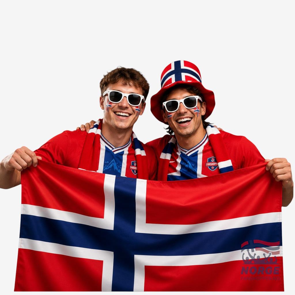 Fanshoppen Norge 150cm satin Norwegian flag with red, white, and blue colours. Features corner grommets for hanging.