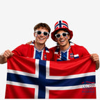 Fanshoppen Norge 150cm satin Norwegian flag with red, white, and blue colours. Features corner grommets for hanging.