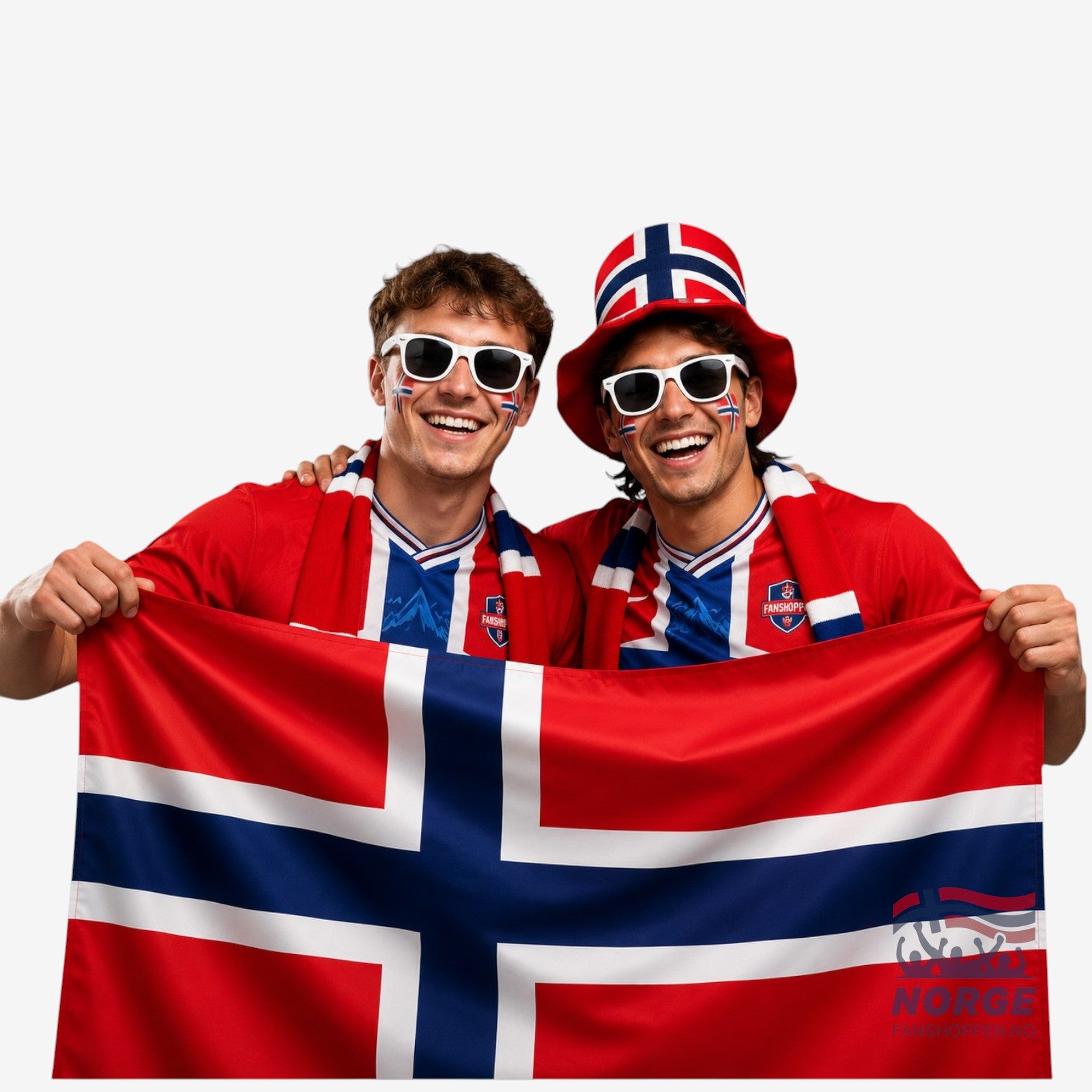 Fanshoppen Norge 150cm satin Norwegian flag with red, white, and blue colours. Features corner grommets for hanging.