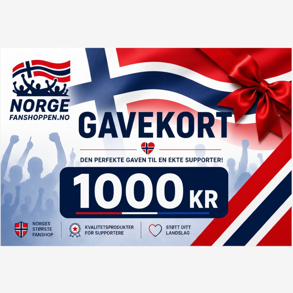 Fanshoppen Norge 1000kr gift card for supporters, featuring Norwegian flag and cheering crowd.