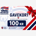 Fanshoppen Norge 100kr gift card with Norwegian flag design and red ribbon. Perfect gift for supporters.