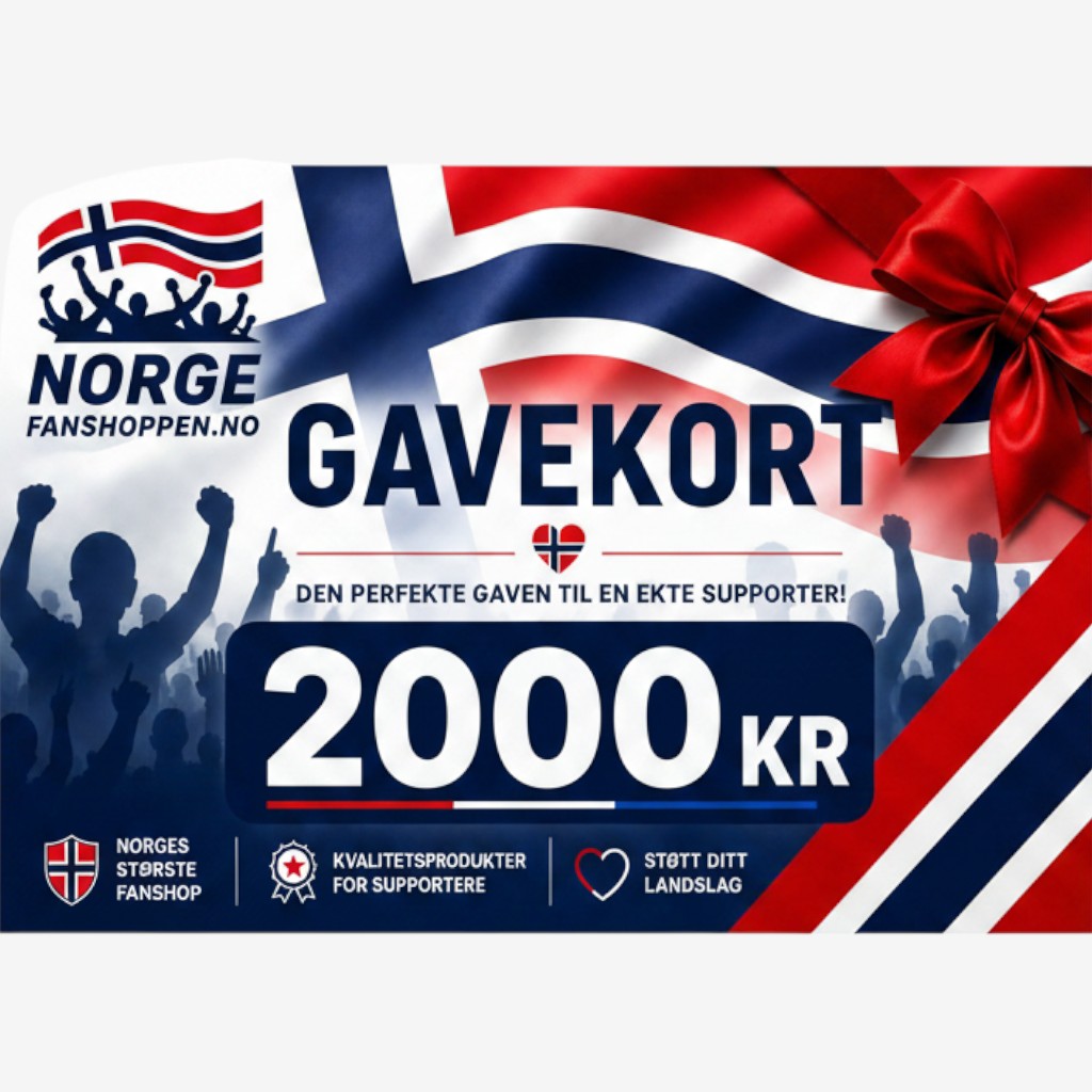 Fanshoppen Norge 2000kr gift card for supporters, featuring Norwegian flag and cheering crowd.