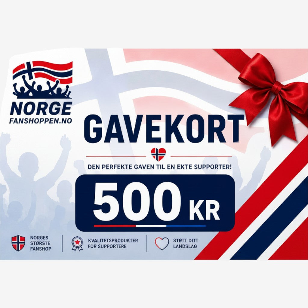Fanshoppen Norge 500kr gift card for supporters, featuring Norwegian flag and cheering crowd graphic.