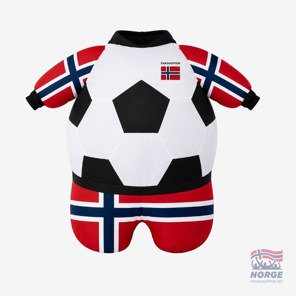 Fanshoppen Norge inflatable sumo costume designed as a soccer ball with Norwegian flag details. Features a red, white, and blue wig.