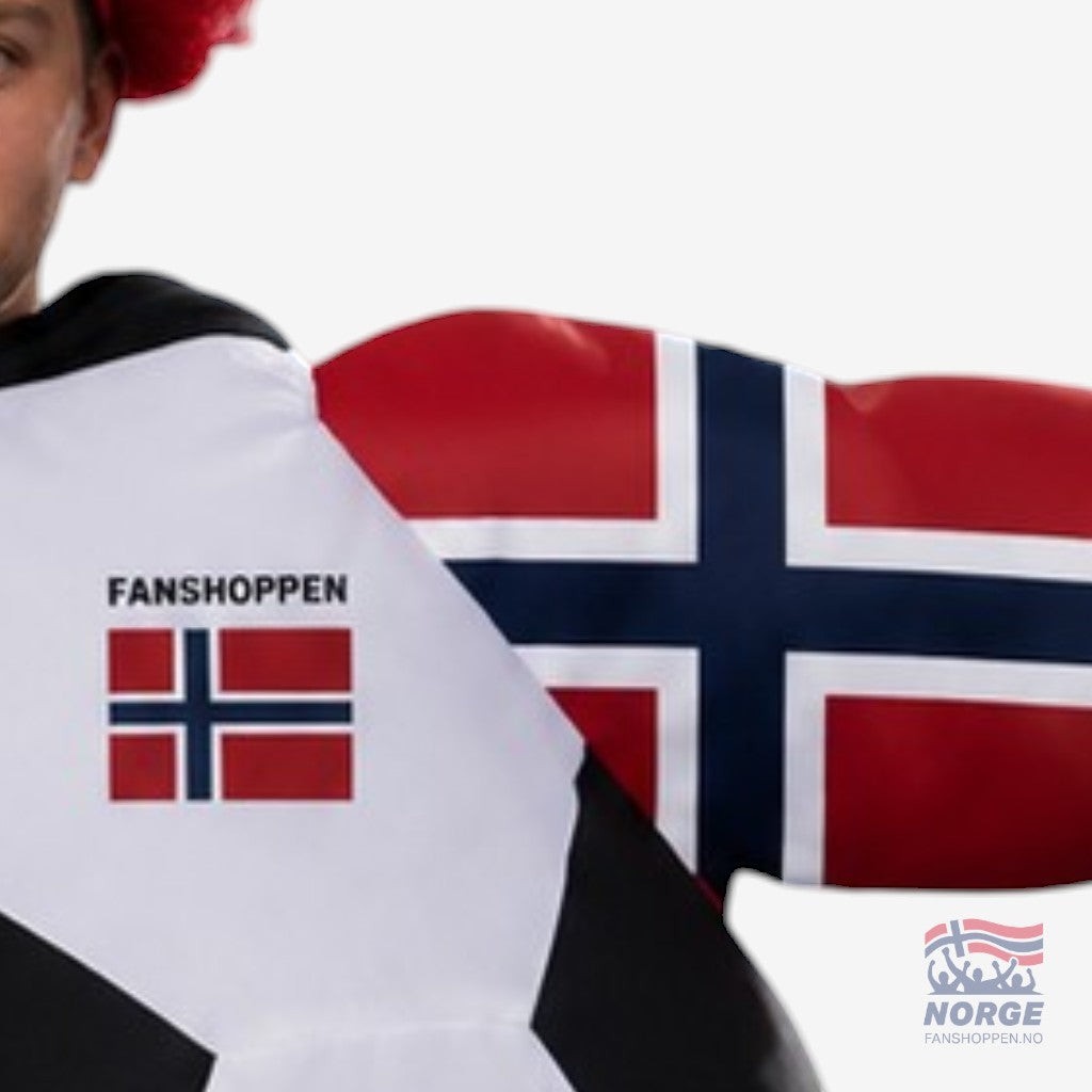 Fanshoppen Norge inflatable sumo costume designed as a soccer ball with Norwegian flag details. Features a red, white, and blue wig.