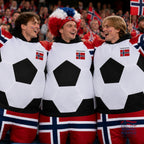 Fanshoppen Norge inflatable sumo suit designed as a soccer ball with Norwegian flag details on sleeves and legs.