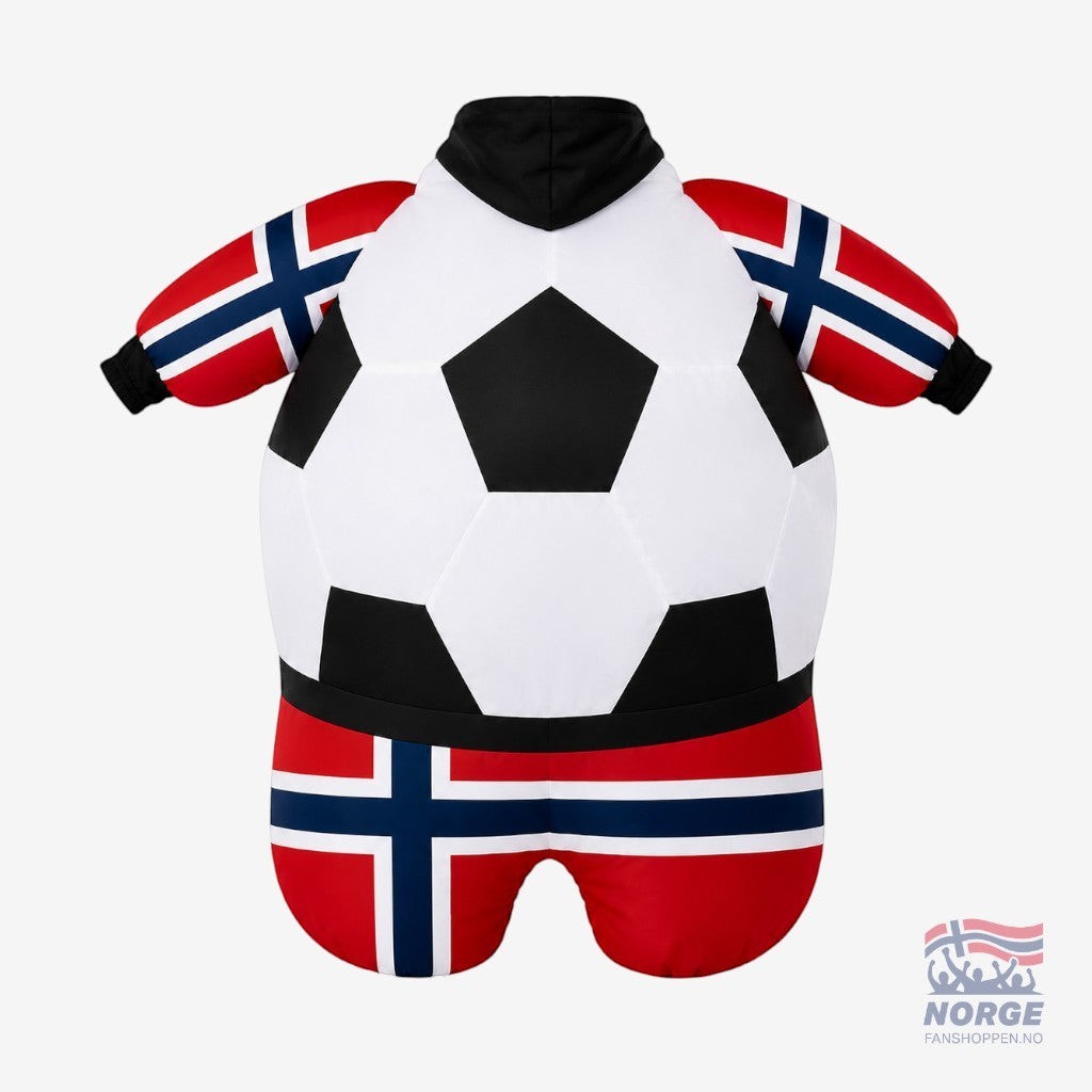 Fanshoppen Norge inflatable sumo suit designed as a soccer ball with Norwegian flag sleeves and legs.