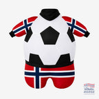 Fanshoppen Norge inflatable sumo suit designed as a soccer ball with Norwegian flag sleeves and legs.