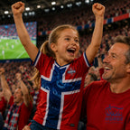 Two junior boys playing soccer in red and blue Norway supporter jerseys with flag and mountain graphics. Fanshoppen Norge.