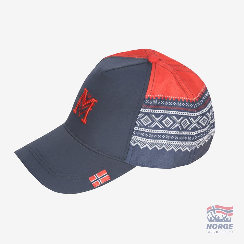 Fanshoppen Norge navy blue and red baseball cap with Marius pattern and embroidered M.
