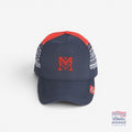 Fanshoppen Norge navy blue baseball cap with red embroidered 'M' and traditional Norwegian pattern on sides. Red brim.