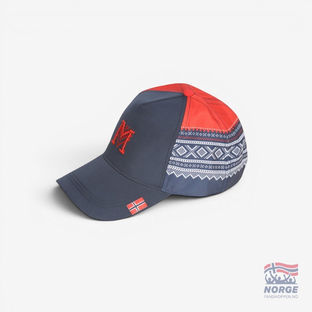 Fanshoppen Norge navy blue baseball cap with red embroidered 'M' and traditional Norwegian pattern on sides.