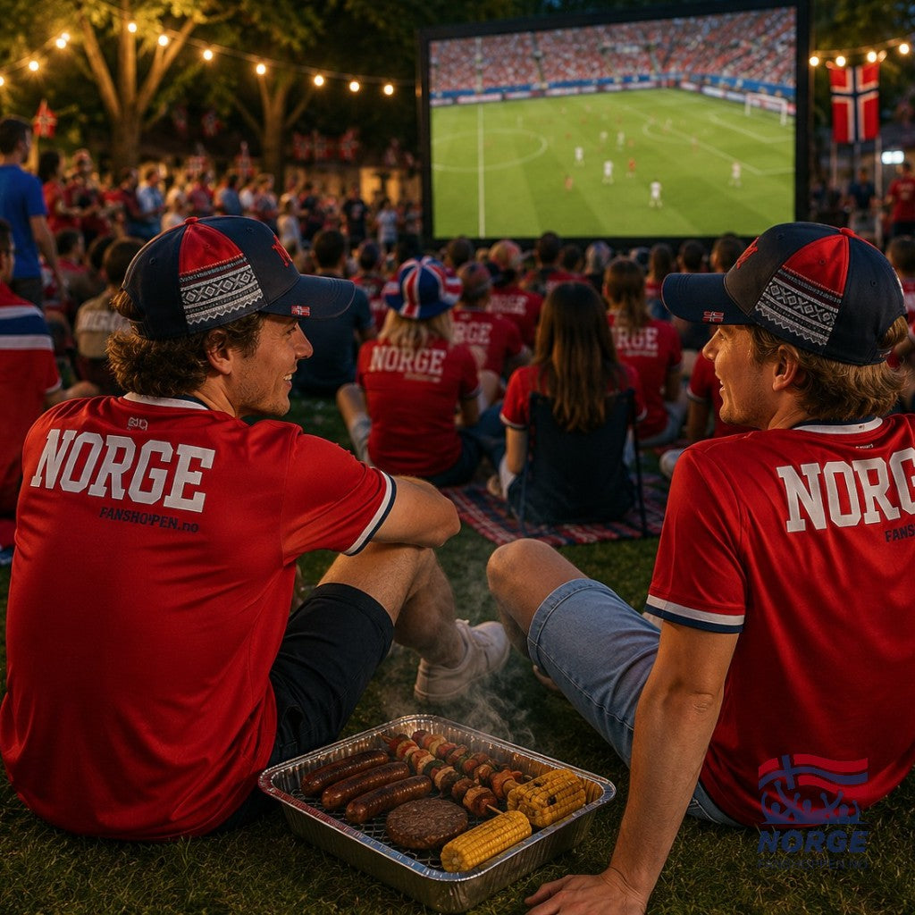 Fanshoppen Norge navy blue baseball cap with red accents and traditional Norwegian Marius pattern on side panels. Features embroidered red 'M' on front.