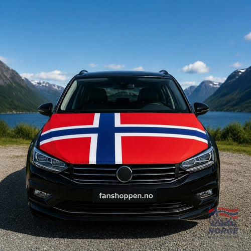 Fanshoppen Norge car hood cover with Norway flag design, red, white, and blue. Perfect for showing national pride.