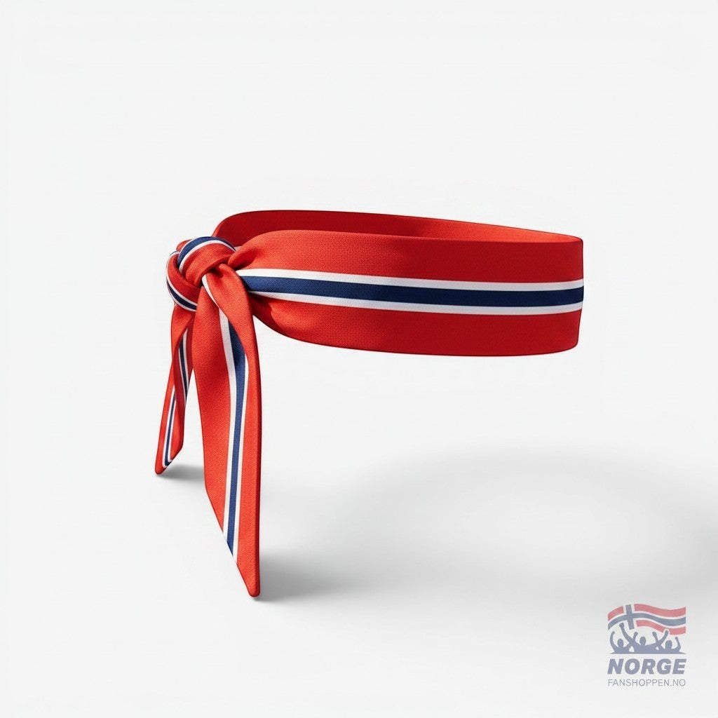 Fanshoppen Norge red headband with Norwegian flag design and tie detail. Perfect for sports fans.