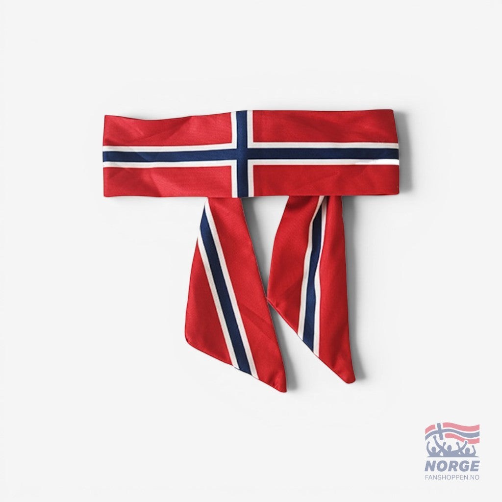 Fanshoppen Norge red headband with Norwegian flag design and tie closure, perfect for sports fans.