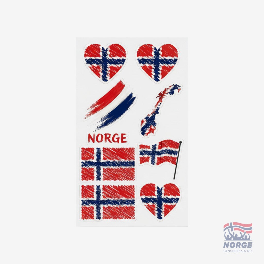 Fanshoppen Norge 8-pack body tattoos featuring Norwegian flag hearts, map, brush strokes, and text.