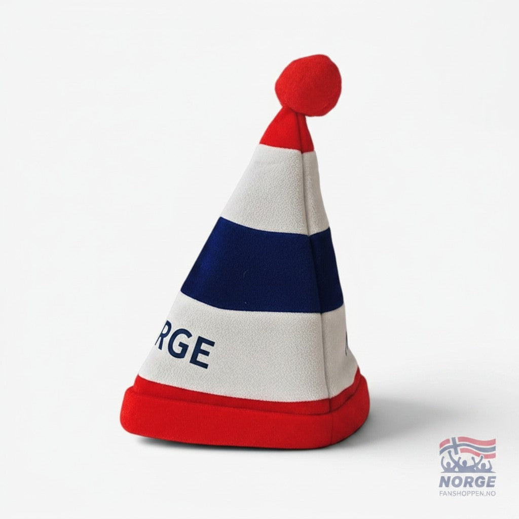 Fanshoppen Norge red, white, and blue striped soft hat with NORWAY text and red pom-pom.