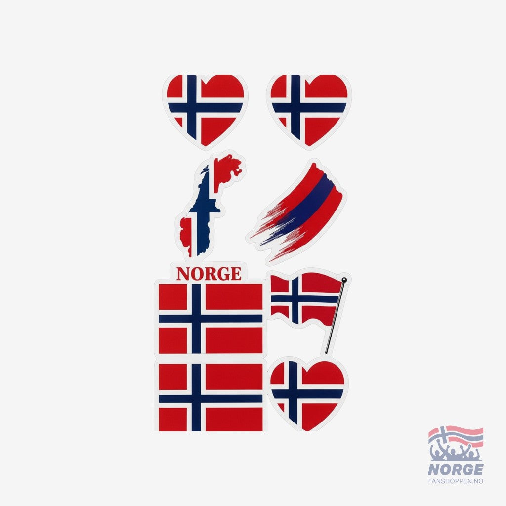 Fanshoppen Norge 8-pack stickers featuring Norwegian flag designs, heart shapes, and the word NORGE.
