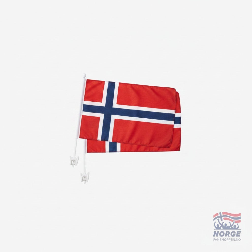 Fanshoppen Norge 2pk Norwegian car flags, red with blue and white cross, for displaying national pride.