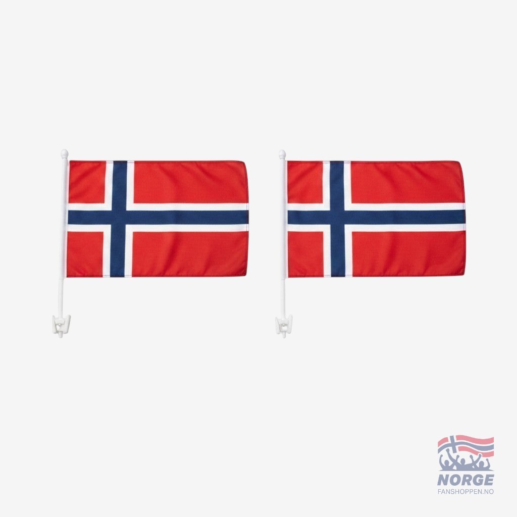 Fanshoppen Norge 4pk Norwegian car flags, red with blue and white cross design. Perfect for game days and celebrations.
