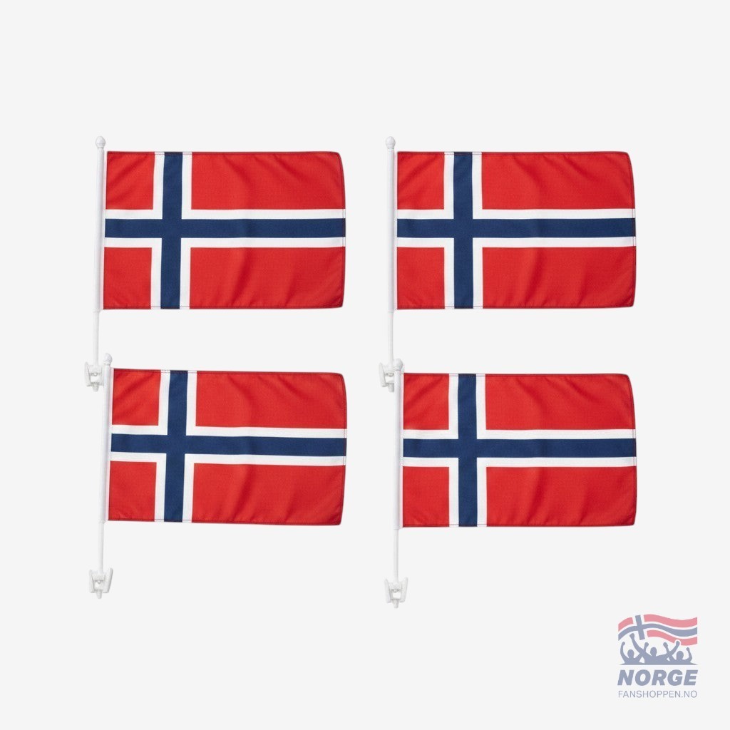 Fanshoppen Norge 4pk Norwegian car flags, red with blue and white cross design, for displaying national pride.