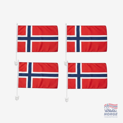 Fanshoppen Norge 4pk Norwegian car flags, red with blue and white cross design, for displaying national pride.