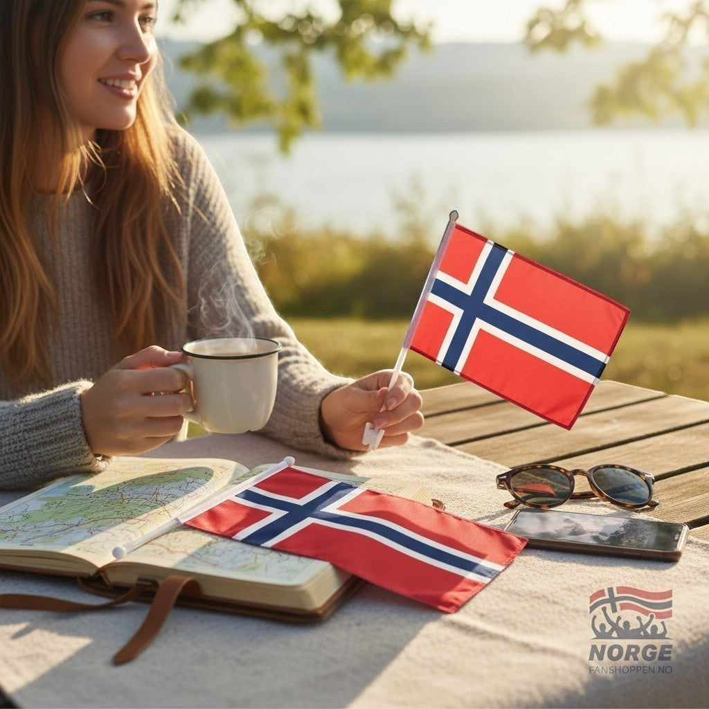 Fanshoppen Norge 4pk Norwegian car flags, red with blue and white cross design. Includes mounting clips.