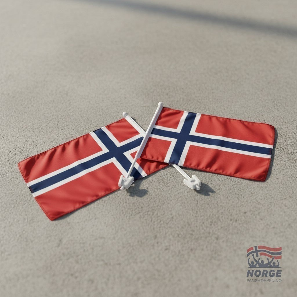 Fanshoppen Norge 2pk Norwegian car flags with white poles and clips. Red flags with blue and white crosses.