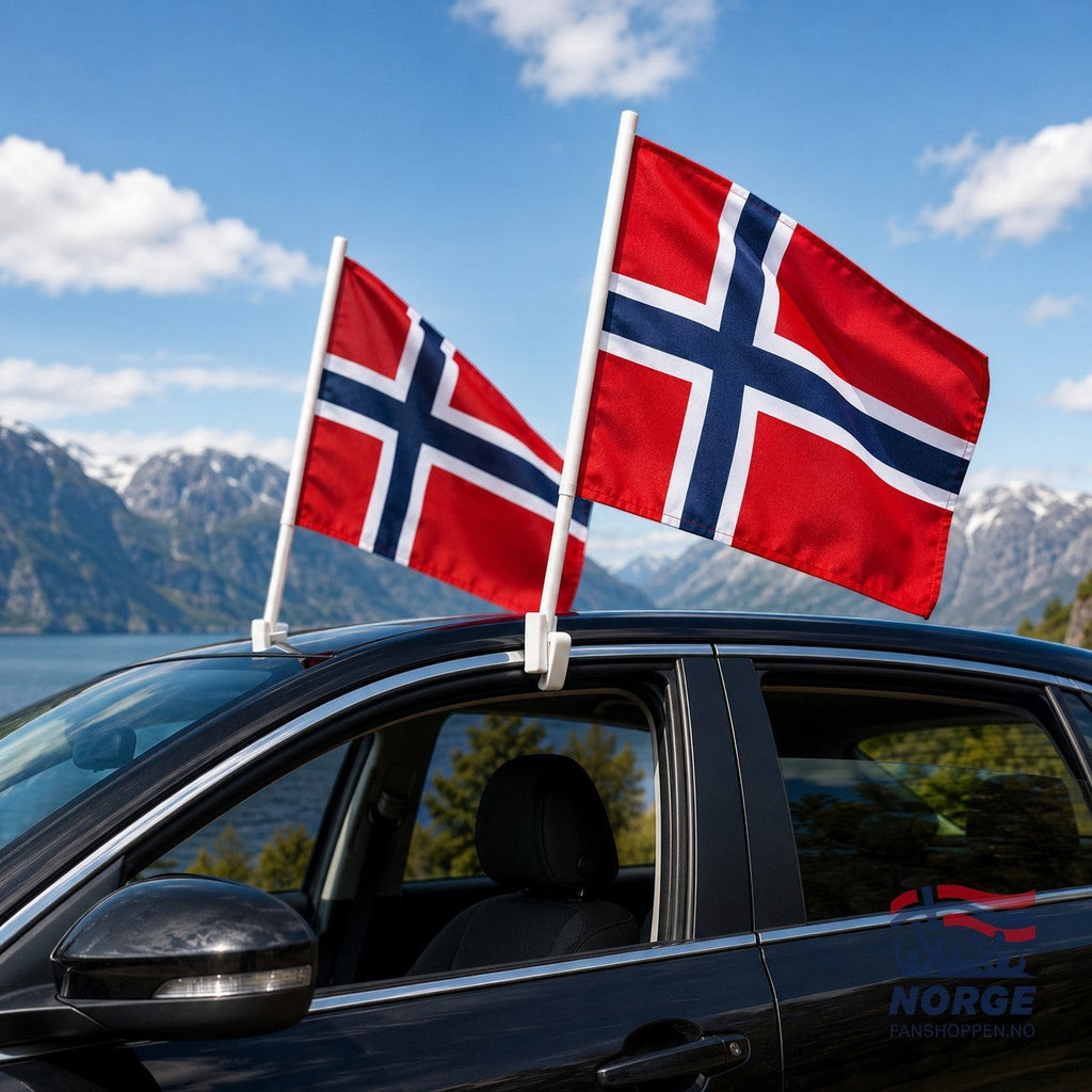 Fanshoppen Norge 2pk Norwegian car flags, red with blue and white crosses, attached to a black car roof.