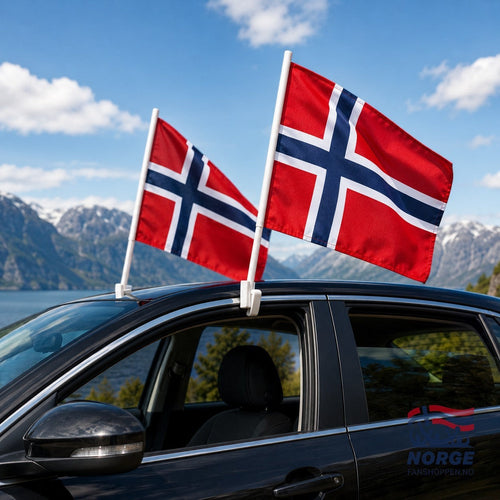 Fanshoppen Norge 2pk Norwegian car flags, red with blue and white crosses, attached to a black car roof.