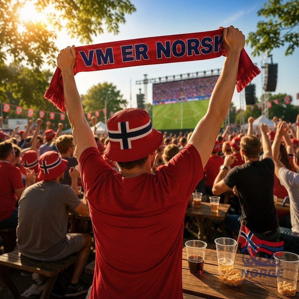 Fanshoppen Norge red bucket hat and scarf with Norwegian flag colors, cheering at a football match.